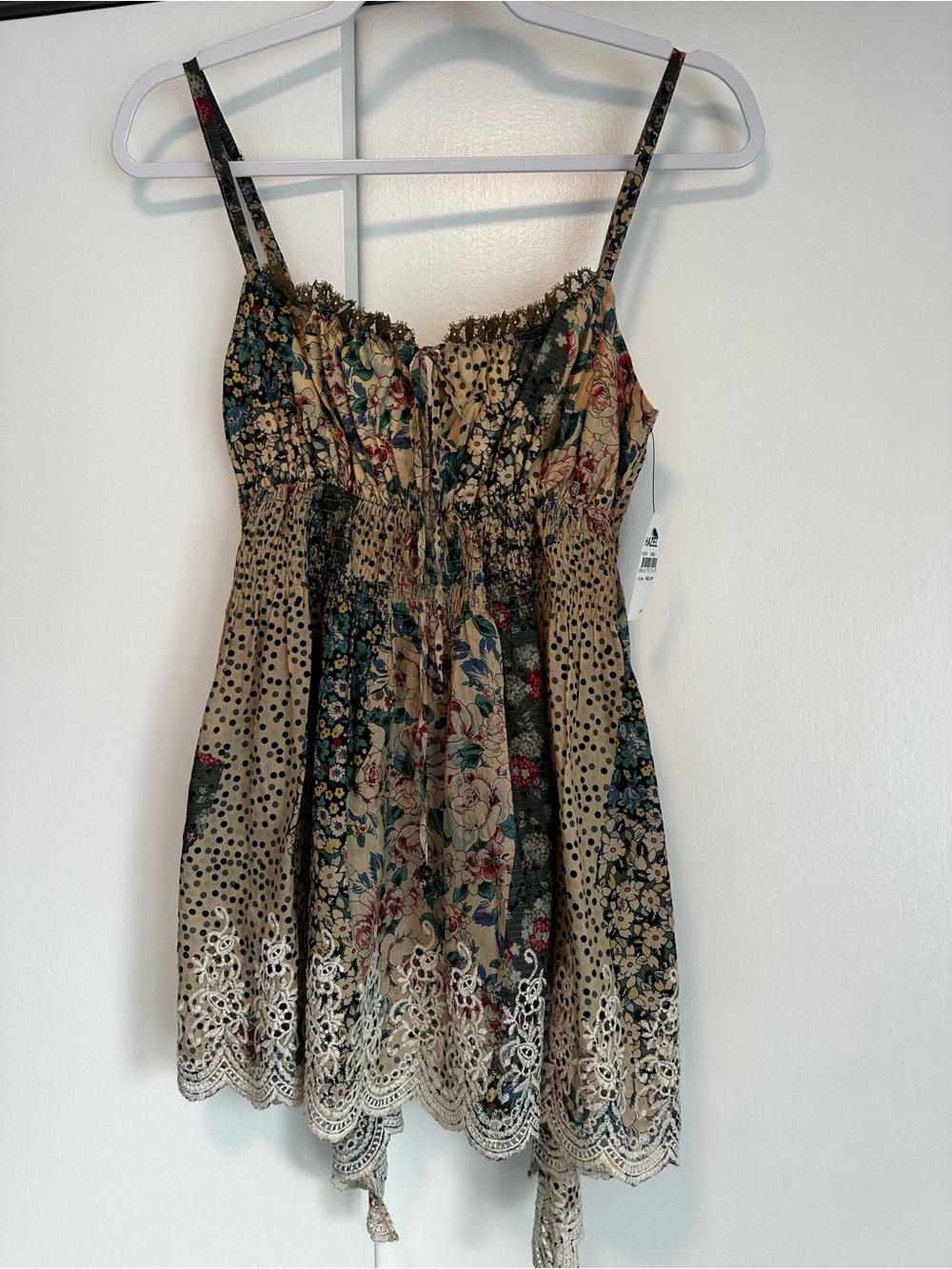 hazel Floral Eyelet Smocked Spaghetti-Strap Tank Top - Beige Multi